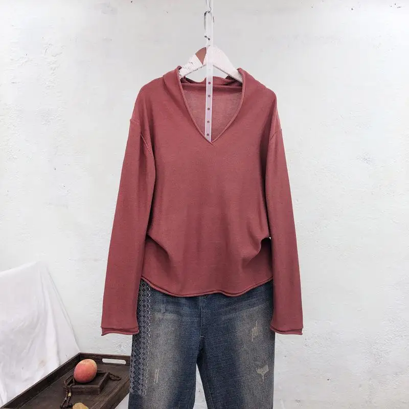 Brick Red Новая Осенняя женская одежда футболка Повседневная трикотажная с длинным рукавом v-образные вырезы восемь цветов Свободный пуловер женская футболка - Цвет: Brick Red