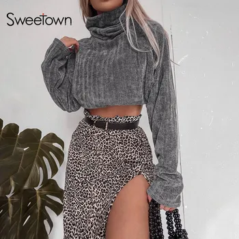 

Sexy New Winter Fashion Turtleneck Long Sleeve Ladies Sweaters Gray Solid Korean Fashion Casual Cropped Sweater Jumper Elegant