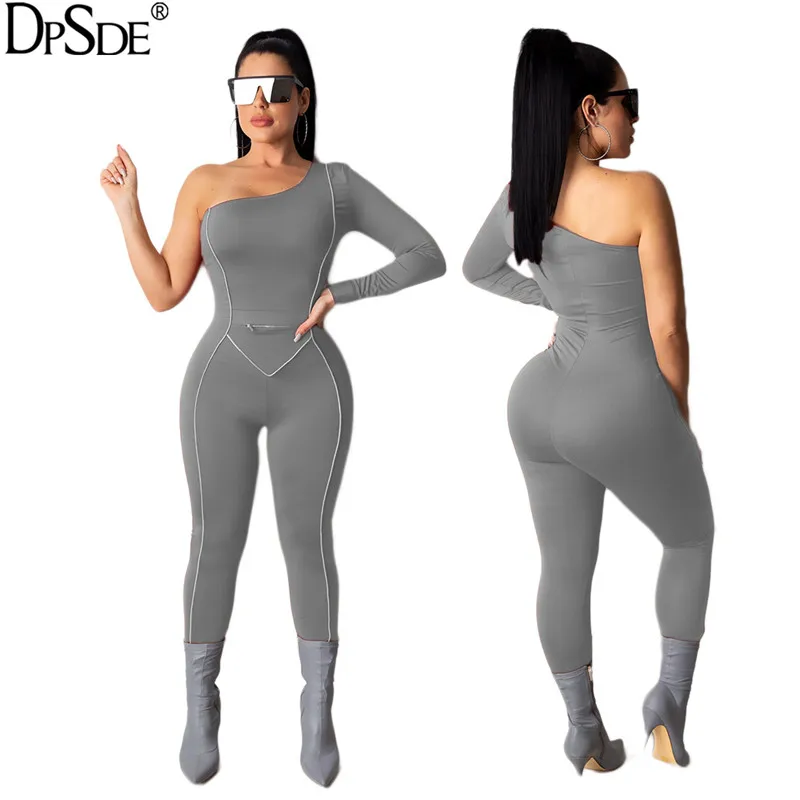 DPSDE Dew Shoulder обтягивающий сексуальный черный длинный комбинезон Розовый облегающий женский комбинезон Новинка Осенняя уличная одежда серый комбинезон - Цвет: Серый