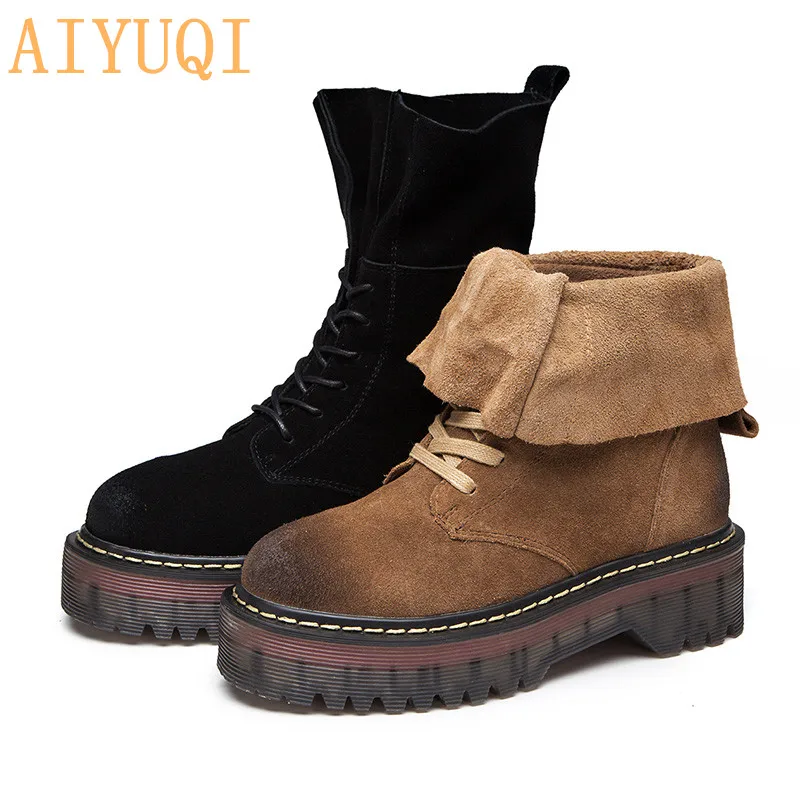 

AIYUQI 2019 Autumn New Genuine Leather Women Martin Boots Platform Height Increase Boots Round Head Ankle Boots For Women