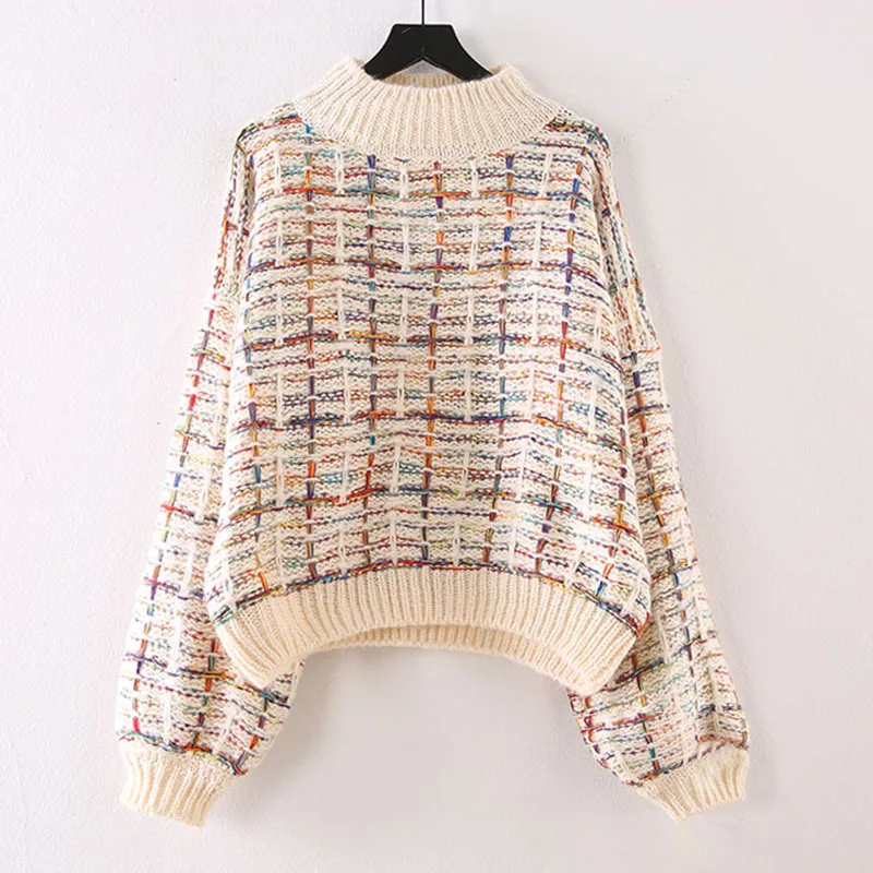 

Cute Half-Collar Short Plaid Pullover Women's Autumn and Winter New Korean-Style Loose Fashion Coarse Yarn Sweater loose