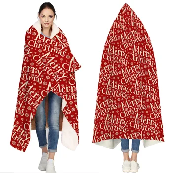 

Christmas Text Pattern Merry Christmas Portable Wearable Fluffy Custom Hooded Blanket Fleece Hooded Throw WrapBed Blanket