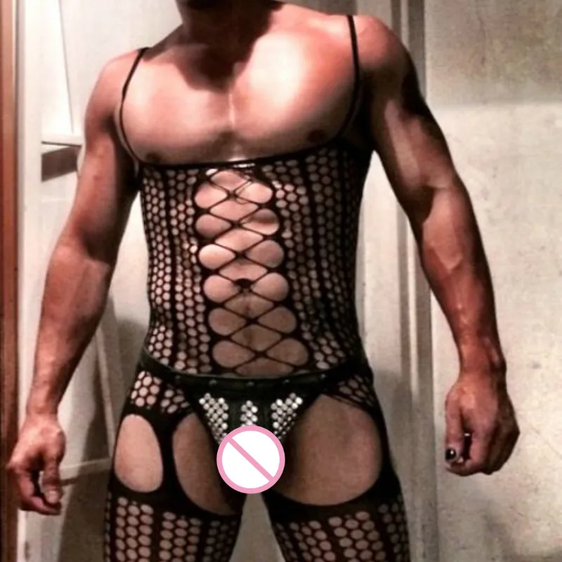 Men's Siamese Sleepwear Open Crotch Net Tight Stockings Teddies Bodysuits Men's Underwear One Piece Lingerie Fishnet Nightwear Men Underwear