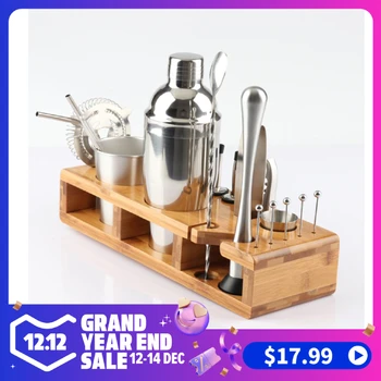 

23pcs Stainless Steel Cocktail Shaker Set Barware Kit with Square Wooden Rack for Bartender Drink Party Bar Tools