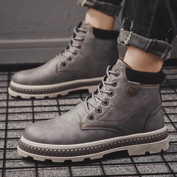 

Autumn Winter New Leather Ankle Snow Men Boots Shoes Motorcycle With Fur Plush Warm Vintage Classic Male Casual booties 698