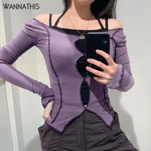 Wannathis фиолетовая женская рубашка с длинным рукавом, с разрезом, с отверстиями, с разрезом, осенняя уличная одежда, тонкий хлопок, укороченный Женский Повседневный Топ