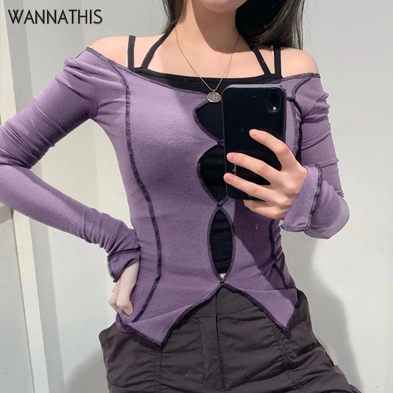 Женский топ с длинным рукавом Wannathis фиолетовый вырезами разрезом на осень