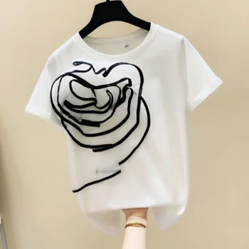 

2020 Summer Korean T-shirt Simple Round Neck Three-dimensional Flower Stitching Sweet All-match T-shirt Harajuku Tshirts Tops