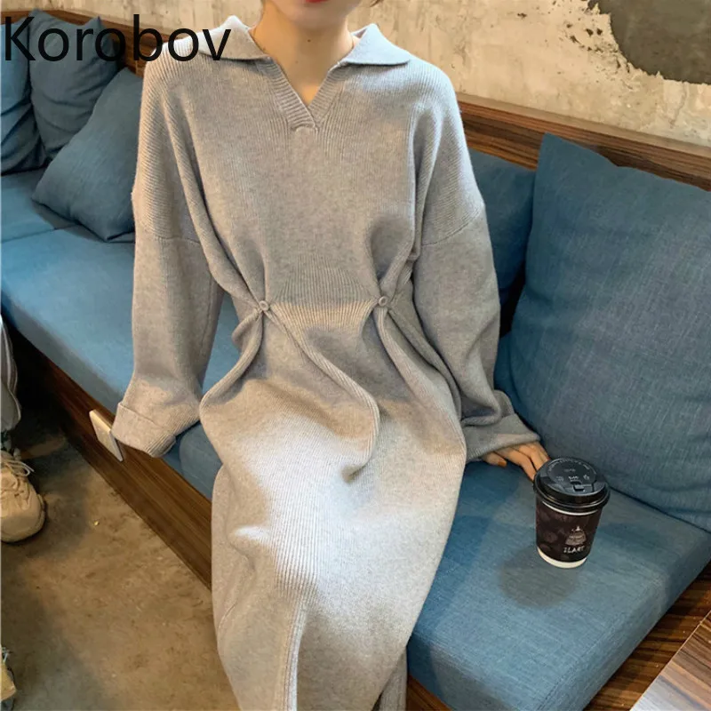 Женское винтажное однотонное вязаное платье Korobov корейское элегантное с длинным