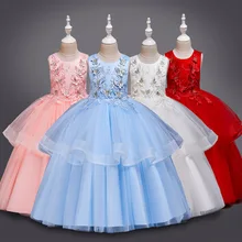 Детское элегантное платье для девочек на свадьбу, с жемчужинами и лепестками праздничное платье принцессы с длинными рукавами, кружевной тюль для 3, 4, 5, 6, 7, 8, 9, 10, 11, 12 лет