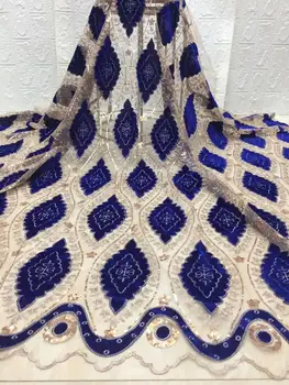 

Royal Blue Embroidered Guipure Mesh Lace Fbaric With velvet 2019 Latest African French Nigeria Tulle Mesh Dress Fabric(7-19
