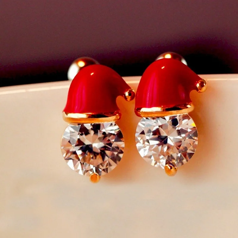 1 Pair Cute Women Crystal Santa Hat Studs Earrings Red Christmas Ear Rhinestone Zirconia Earring Xmas Jewelry Accessories | Дом и сад