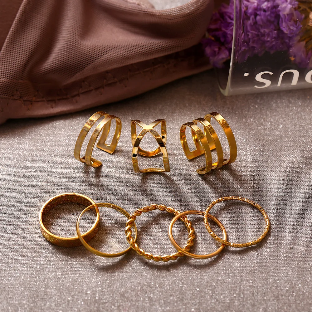 

8PCS Creative Retro Simple Multilayer Punk Opening Cross Twist Metal Ring Set Women