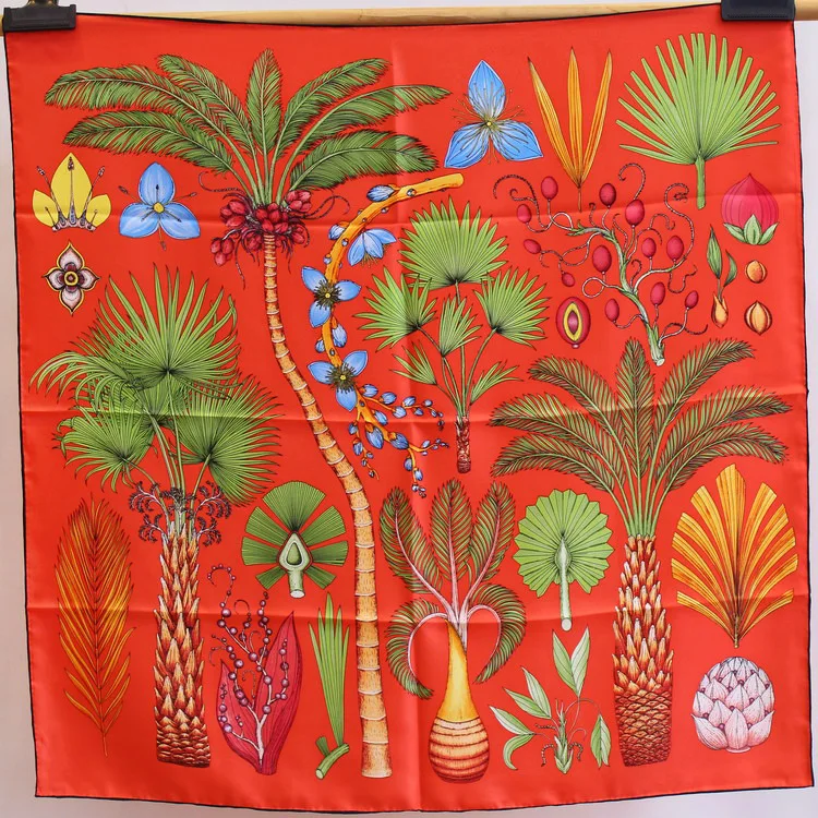 Palm tree Scarf Women Pure Twill Silk Scarves 90*90cm Handmade Hemming Neck Head Handband Hairband