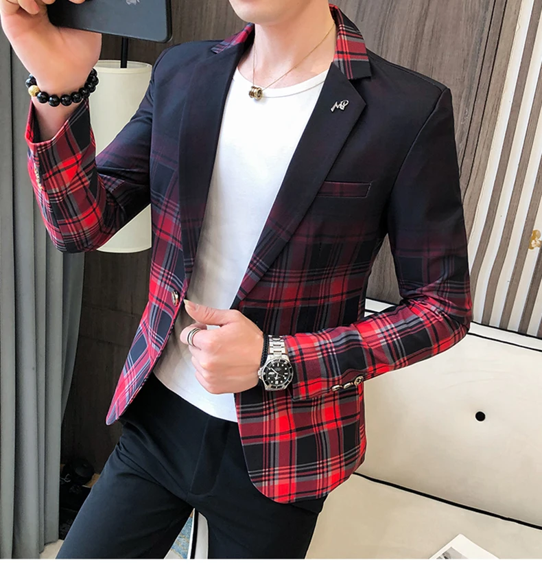 Men Blazer Spring New Colorblock Plaid Blazer Men Slim Casual Man Blazers Wedding Business Party Clothing Dress Men Coats