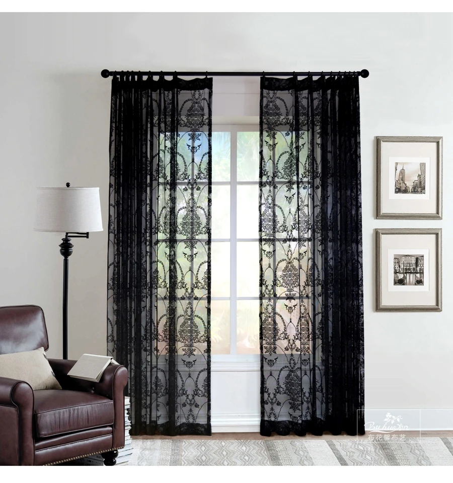 Tenda A Mantovana In Pizzo Nero HOMSFOU Con Ricami Floreali Per Finestra Da Cucina, 137 X 61 Cm