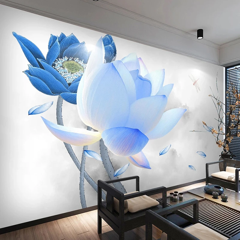 Custom 3d Wallpaper Murals Blue Lotus Flower Tv Background Wall Decor Painting Bedroom Study Restaurant Living Room Large Mural Wallpapers Aliexpress