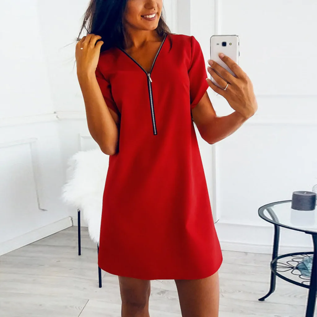 De las mujeres del verano ropa de manga corta de cuello en V cremallera Color sólido vestido Casual vestido para casa ropa de mujer # T5P