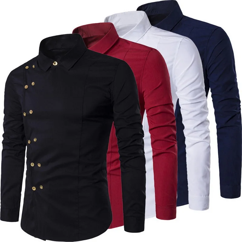

Plus Size 2019 Men Double Breasted Slim Fit Long Sleeve Turn Down Collar Shirt Male Solid Casual Vintage Court Style