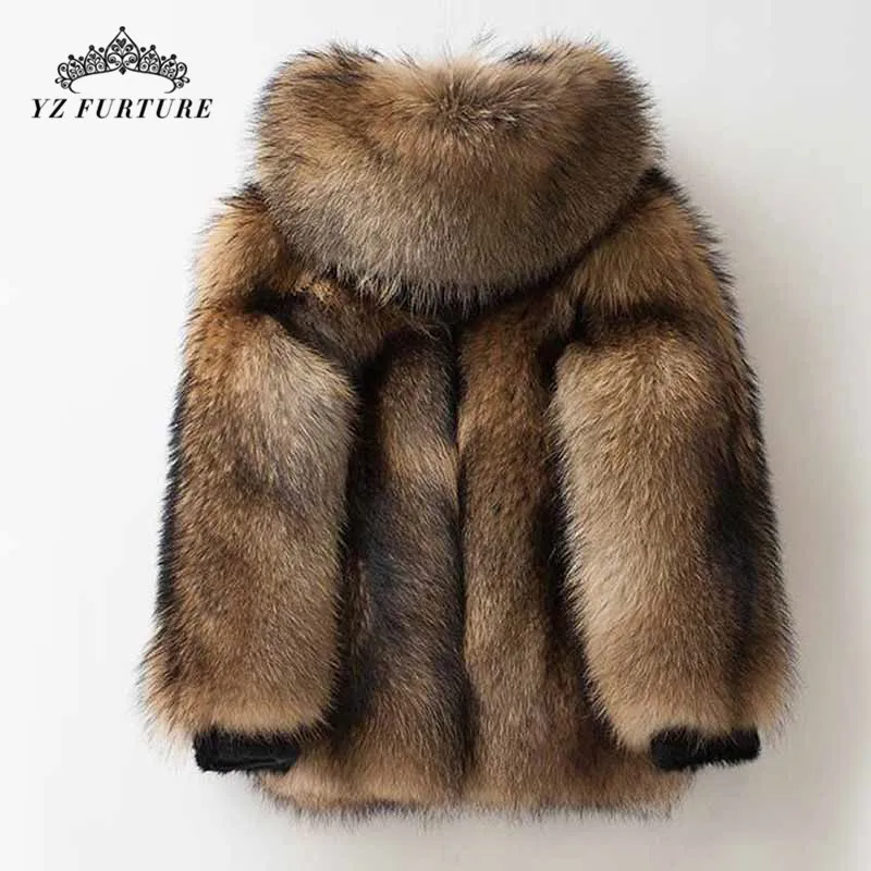 Новое зимнее теплое пальто из натурального меха енота, Мужская Роскошная куртка с капюшоном из натурального толстого теплого меха енота, Мужская модная верхняя одежда FM-032