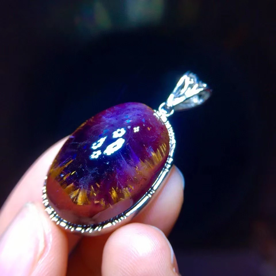 Подлинный натуральный Cacoxenite Auralite 23 Овальный Кулон фиолетовый красный женский 24
