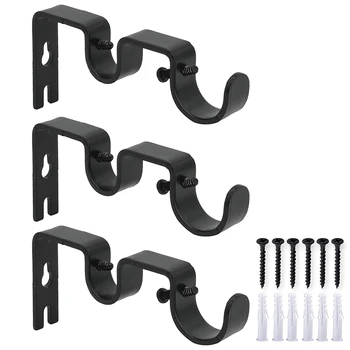 

3Pcs/Set Curtain Rod Brackets Heavy Duty Double Rod Holders Durable Metal Curtain Rod Wall Brackets with Screw Black