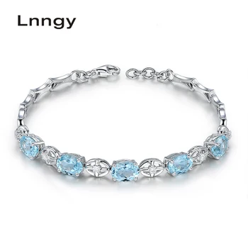 

Lnngy Natural Oval Sky Blue Topaz Gemstone Bracelet 925 Sterling Silver Girls Birthday Party Romantic Wedding Bangles Jewelry