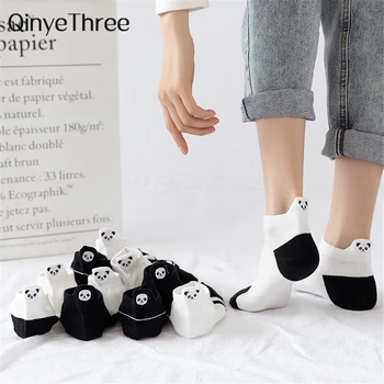 Calcetines Divertidos con bordado de Panda para Mujer, calcetín Harajuku, Kawaii, Blanco, Negro, tobillero