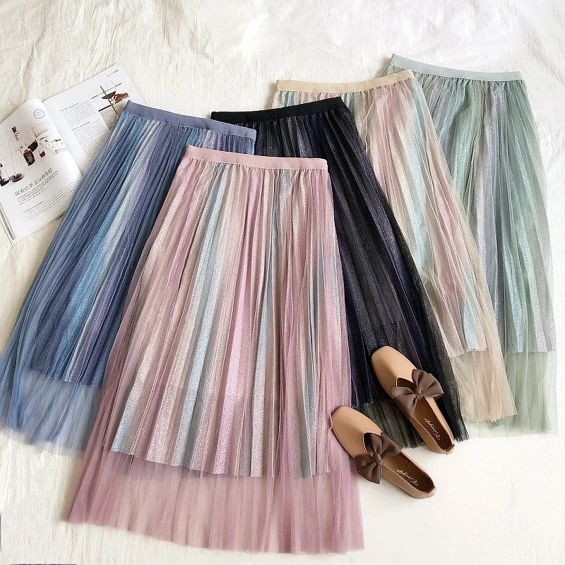 

Spring New Women Skirt Wild Gradient Bright Silk Yarn Splice Mesh Long Skirt Ladies Long Skirt Mid-calf Swing Pleated Skirt
