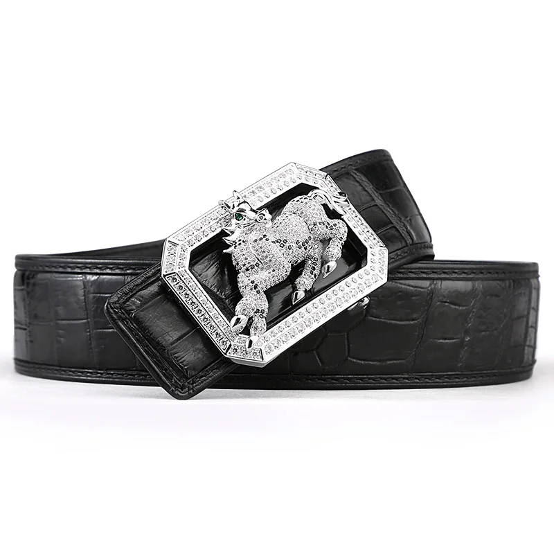 McParko Crocodile Belt Mens Leather Belts With Buckle Luxury Animal Design Genuine Leather Waist Belt with rhinestones Buckle - Цвет: horse black