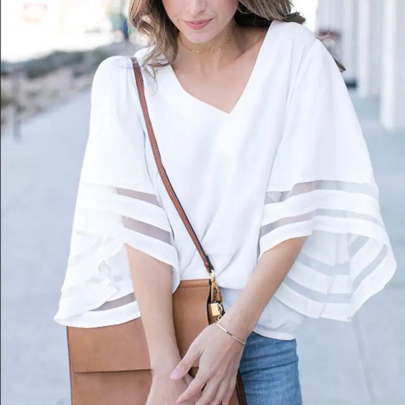 

Women Chiffon Shirts Loose Mesh Stitching Three Quarter Sleeves V-neck Blouse Tops