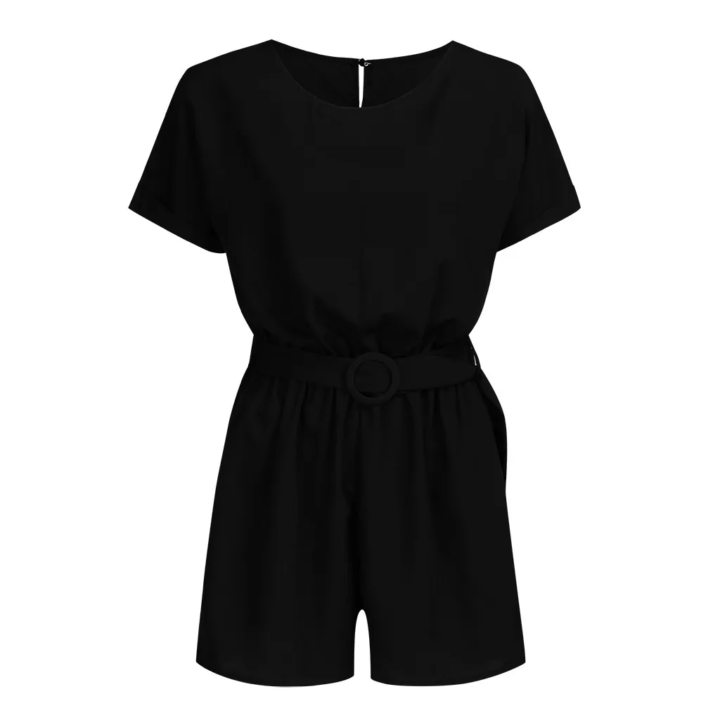 Летние комбинезоны для женщин с коротким рукавом сплошной цвет VogueComfy короткий комбинезон с поясом женский свободный Boho комбинезон