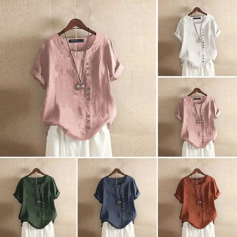 ZANZEA Summer O Neck Short Sleeve Blouse Women Cotton Linen Shirt Casual Loose Buttons Tops Femininas Blusas Work Top Chemise