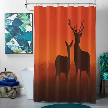 

Shower Curtains Blue and Yellow Hunting Decor,Silhouette Illustration of a Deer and Doe on Meadow Autumn Season
