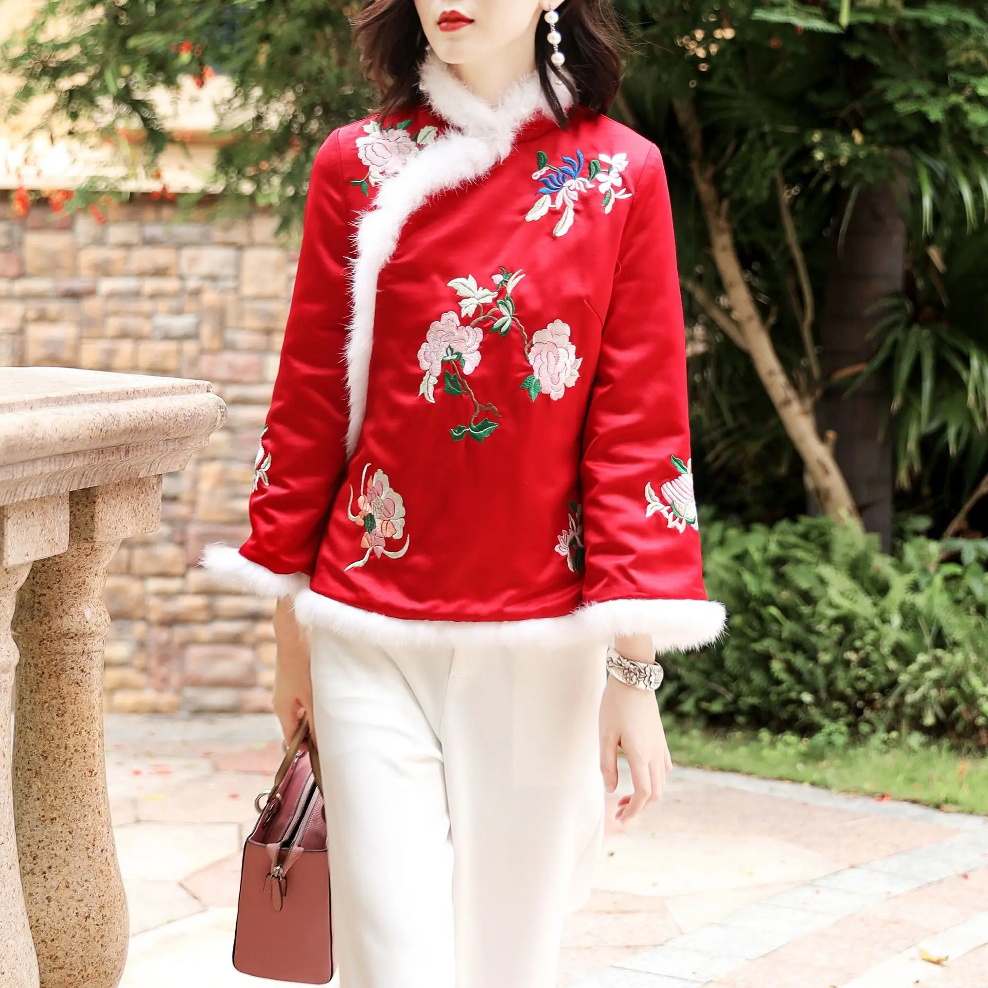 

2019 Autumn And Winter Chinese Style Floral-Print Embroidered Middle-aged ma kuan WOMEN'S Dress Banquet Rabbit Fur Collar Short