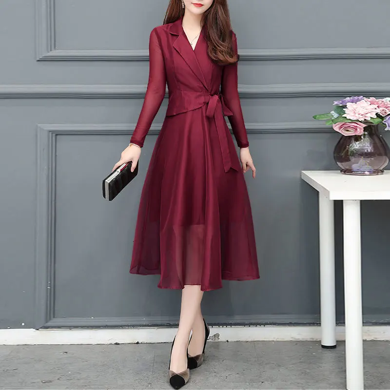 

Women Clothes 2019 Spring Autumn Long Sleeve A-line Dress Woman Elegant Turn-down Collar Party Dresses Sexy Vestidos Plus Size