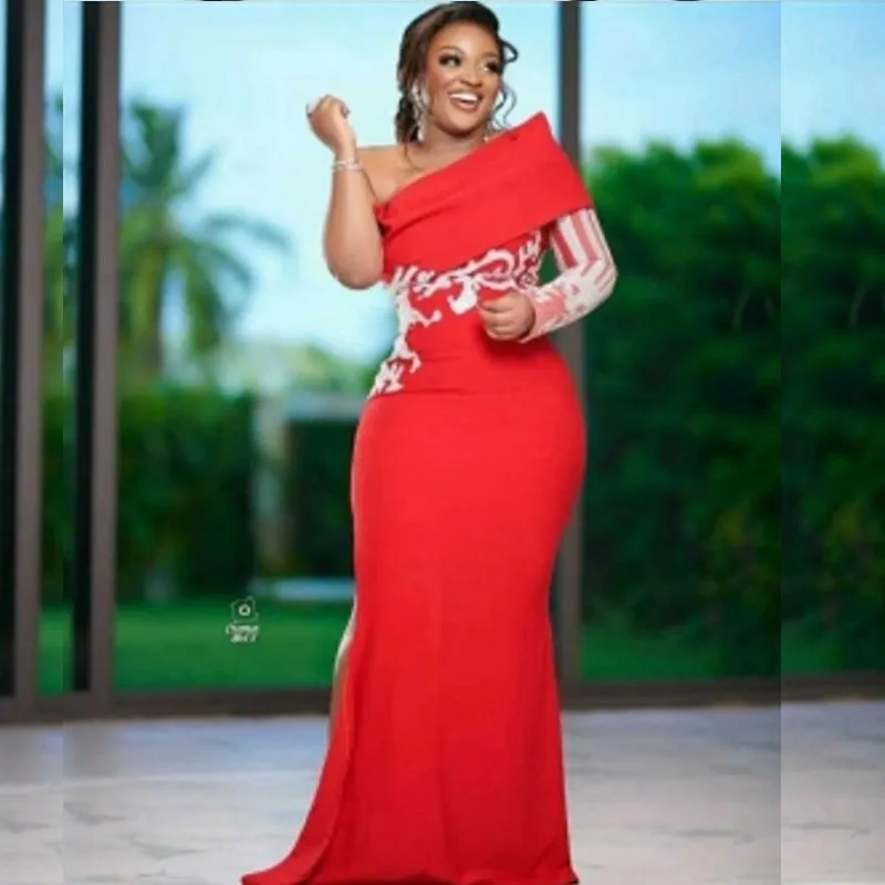 Red One Shoulder Prom Dresses FOr Black Girls Satin Long Sleeves Lace Appliques African Plus Size Evening Gowns Party Vestidos | Свадьбы и