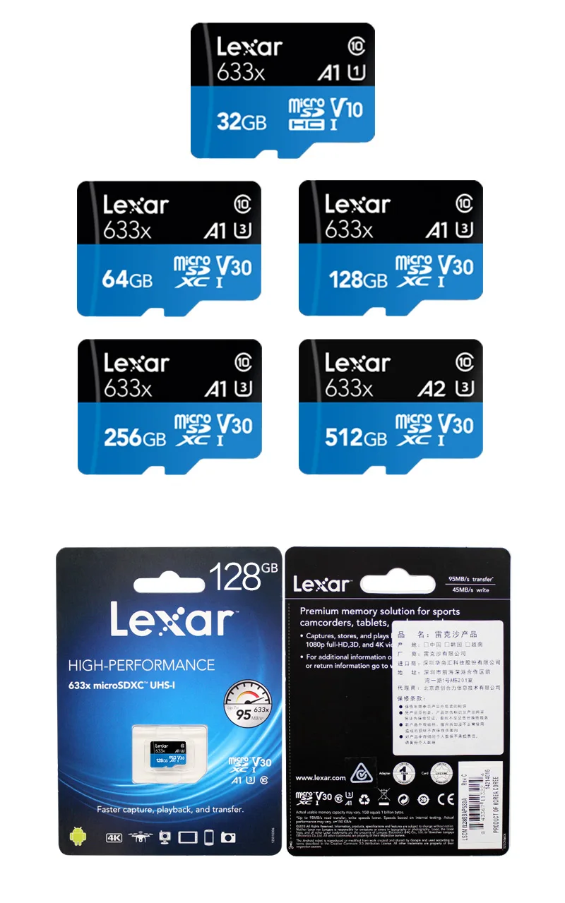 Оригинальный Lexar 256 GB Micro SD Card 128 ГБ Памяти высокоскоростная карта до Max 95 м/с 64 Гб Class10 633x карты памяти 32 ГБ флэш-карты