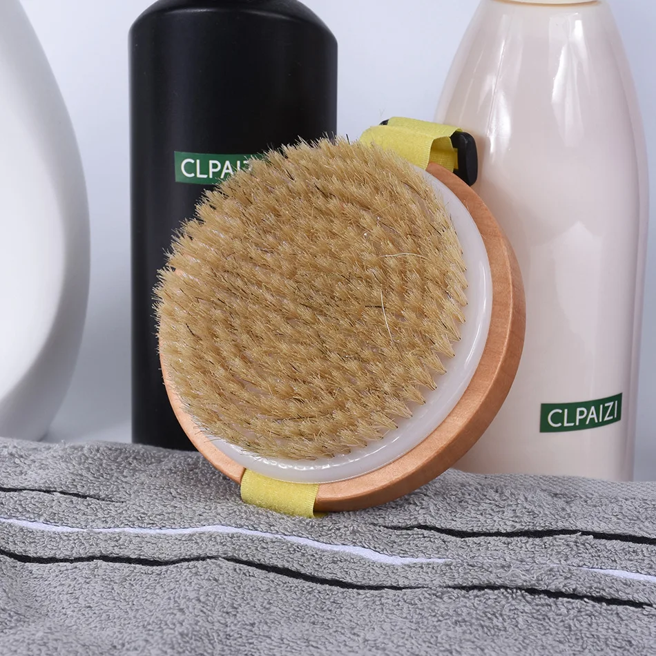 Natural Pig Bristle Bath Brush Rub Back Brush Body Cleaning Brush Adjustable Hand-Held Magic Buckle Cloth Bag