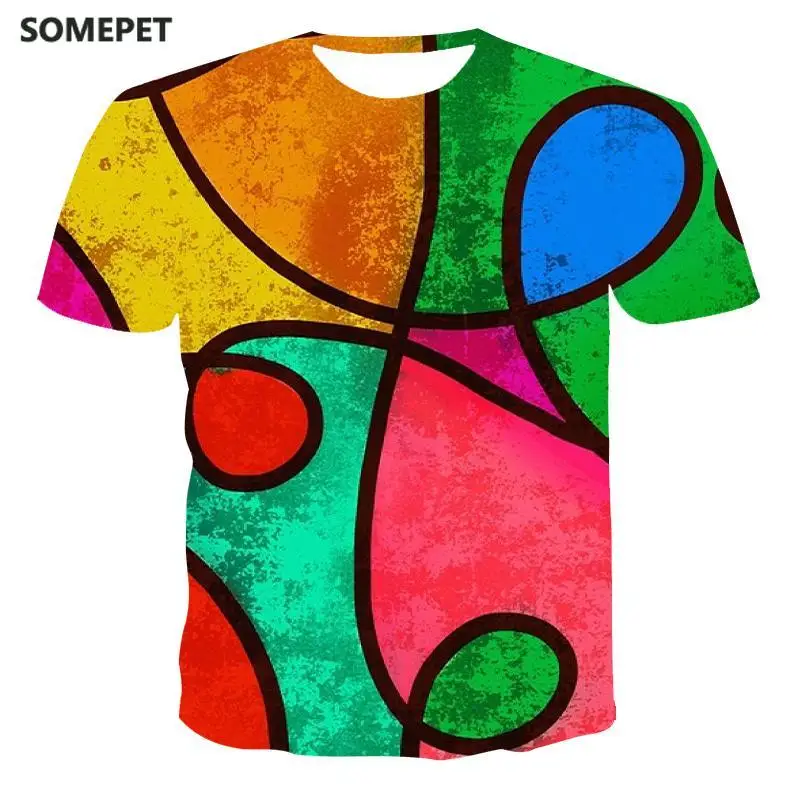 

Лидер продаж 2020, разноцветная Геометрическая мозаичная серия, летняя футболка унисекс, топ с пересечением границ, прямые продажи с фабрики