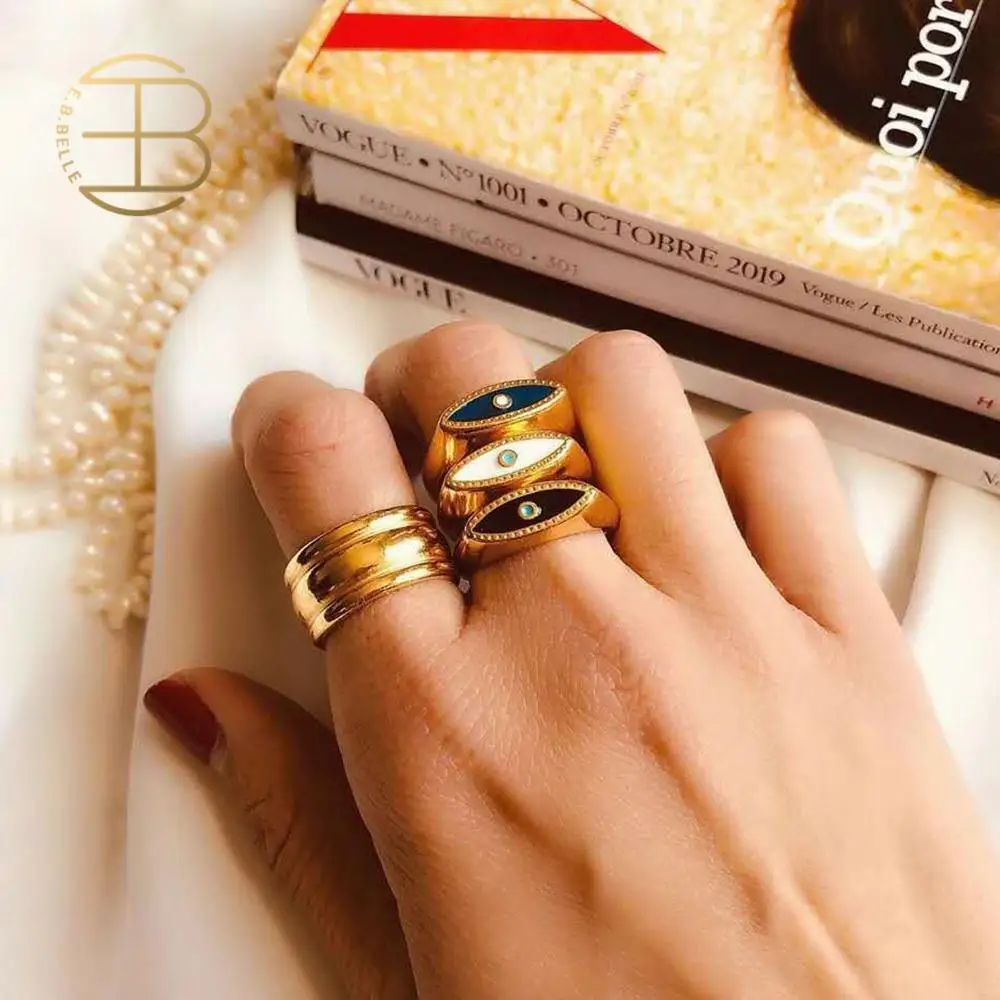 Женские винтажные золотистые кольца Adjusatble синие и белые с черной эмалью для