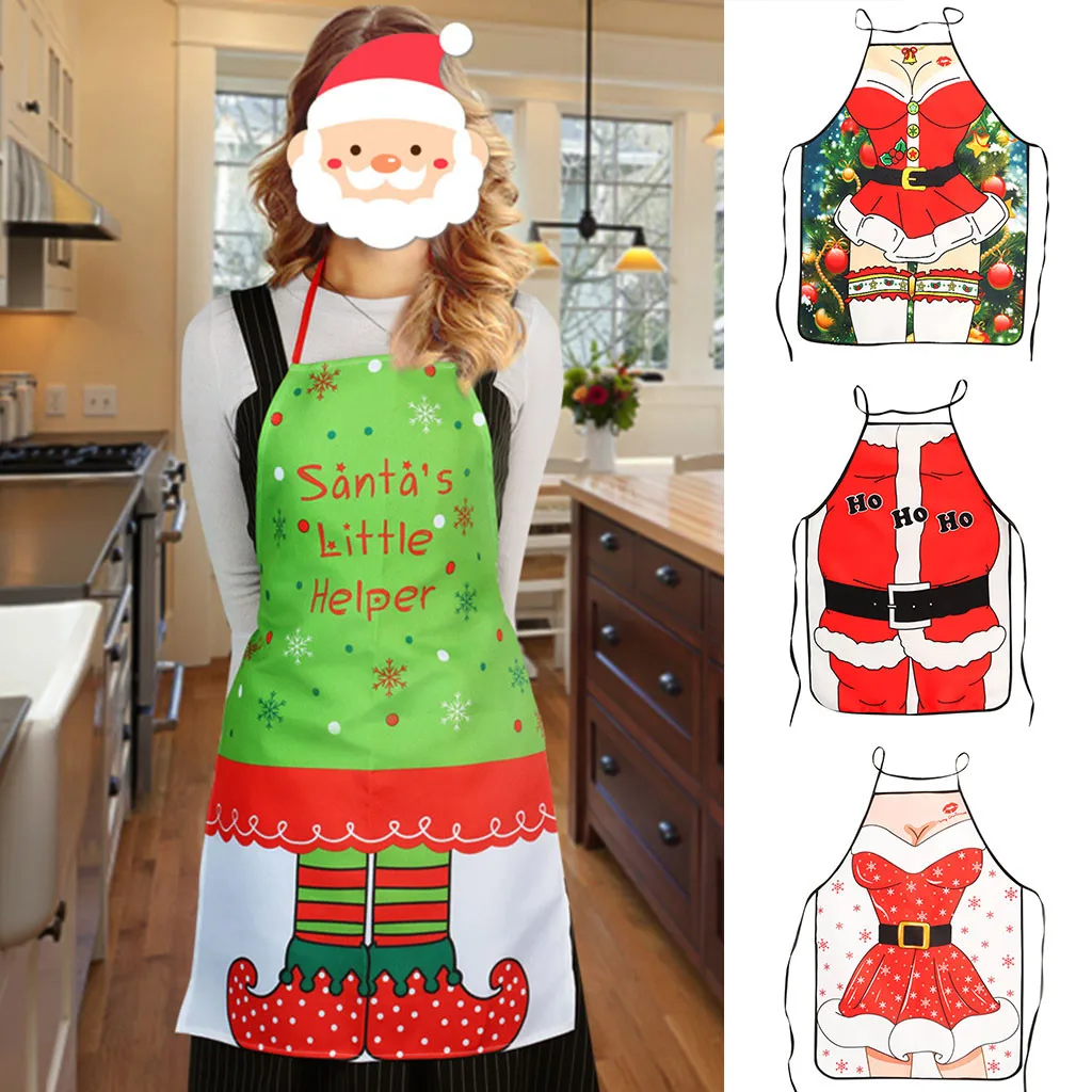 Waterproof Apron Men Women Waterproof Chef Wearable Printing Apron Cooking Kitchen Santa Elf Apron Christmas Decorations