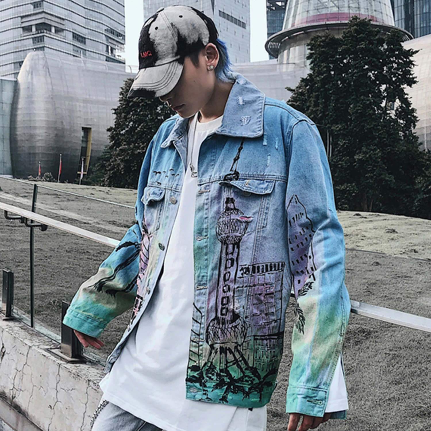 AELFRIC цветные часы с граффити мужские джинсовые пальто Harajuku хип хоп куртки модная повседневная мужская верхняя одежда уличная одежда с длинным рукавом