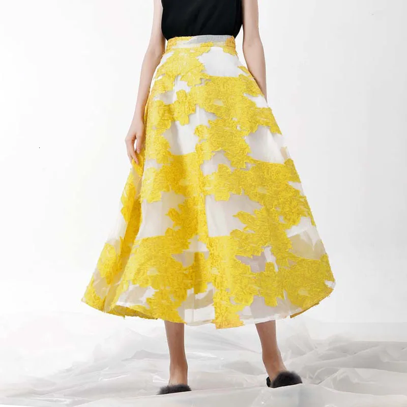 Платье с вышивкой для Для женщин сетки пэчворк с высокой талией на молнии длинные юбки женский элегантный большой размер Весна Костюмы E068