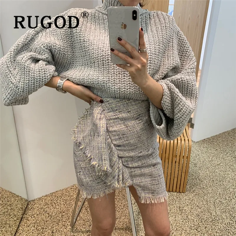 RUGOD, Корейская женская одежда ins, зима, Одноцветный короткий свитер с высоким воротом и пуговицами сзади, Свободный вязаный пуловер, модная туника