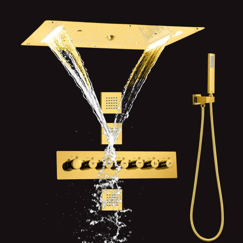 

70 X 38 Cm Thermostatic Ti Gold LED High Flow Shower Waterfall Rainfall Handheld Shower Arm
