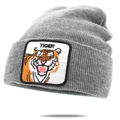 Gray Tiger Унисекс шапочка вязаная с вышивкой в виде животных, Лоскутная манжета с черепом, теплая зимняя мягкая эластичная вязаная мужская шапка - Цвет: Gray Tiger