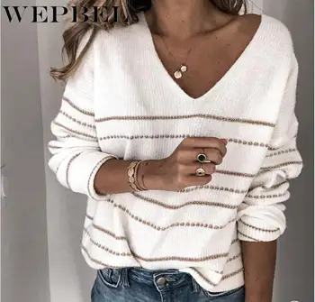 

WEPBEL Knitted Sweater Spring Blouse Ladies Long Sleeve Pullover Women Casual Solid Color V Neck Plus Size Tops