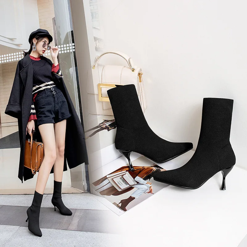 Вязаные Botas/ г. Носки с острым носком botines/женские эластичные модные соблазнительные женские ботинки до середины икры на тонком высоком каблуке без застежки