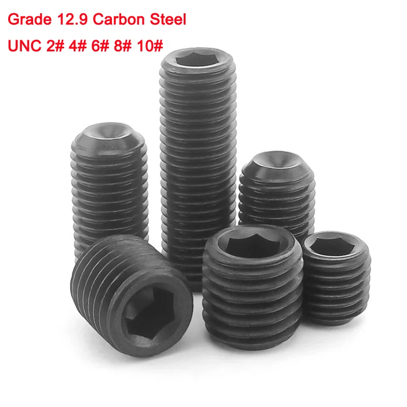 

30Pcs Grade 12.9 High Tensile Carbon Steel Hex Socket Set Screw American Standard Cup Point Grub Screws 2# 4# 6# 8# 10# UNC